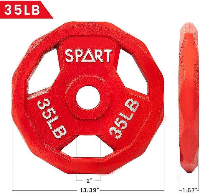 SPART Color Coded Weight Plate 2-Inch Cast Iron Tri-Grip Plate for Barbell,Solid Cast Iron Olympic Weight Plates for Strength Training, Weightlifting, Crossfit, 2.5/5/10/15/25/35/45LB, Single/Pair/Set