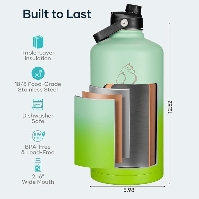 BUZIO 1 Gallon Water Bottle Insulated with Dust-proof Straw & Spout Lids | 128 oz Large Water Jug 18/8 Stainless Steel Triple Wall (Keep Cold 48Hrs/Hot 24 Hrs), Dishwasher Safe, Sweat-Proof, Black
