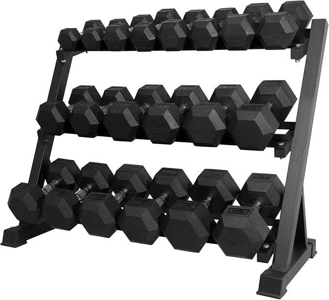 RitFit Rubber Hex Dumbbell Set with Storage Weight Rack | Rubber Heavy-Duty Coated Cast Iron, Knurled Chrome Handle, Space-Saving Storage for Home Gym Strength Training