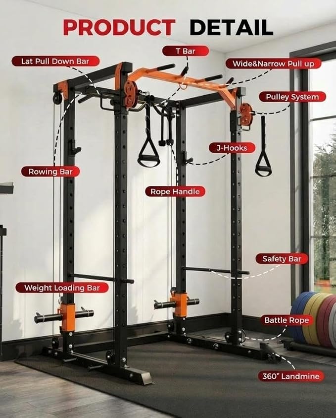 Power Cage with LAT Pulldown & Cable Crossover System, 2000LBS Multi-Functional Power Rack, All-in-1 Weight Cage Home Gym with Adjustable Pulley System, Squat Rack for Garage, Home