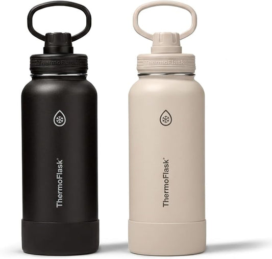 ThermoFlask Insulated Water Bottles, Spout Lid, 2-Pk, 32 oz, Black/Sand