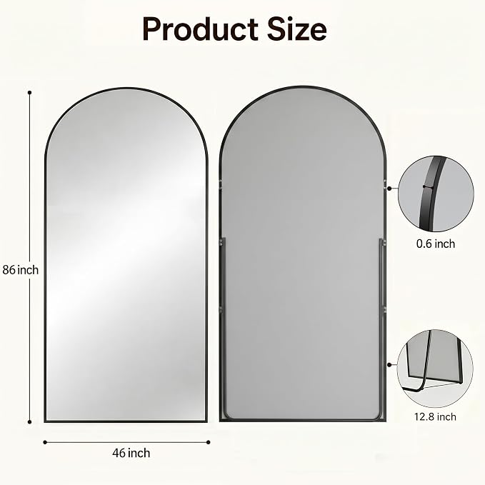 Antok Full Length Mirror, 46"x86" Floor Mirror with Stand, Hanging Mounted Mirrors for Bedroom, Living Room, Cloakroom, Dining Room, Black, Arched