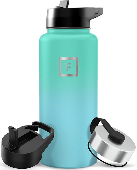 IRON °FLASK 32 oz Wide Mouth Water Bottle with 3 Lids | Insulated Stainless Steel Sports Water Bottle with 3 Leakproof Lids - BPA Free, Cold 24 Hrs, Sweat Free (Sky)