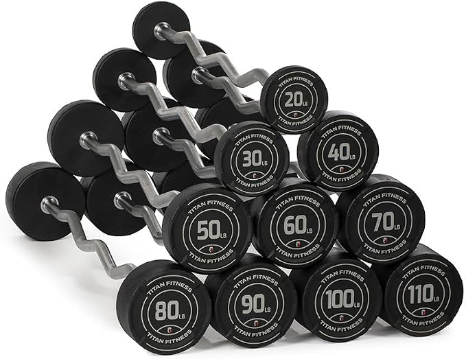 Titan Fitness Rubber Curl Fixed Barbells, Pre-Loaded Weight Bar for Strength Training & Weightlifting