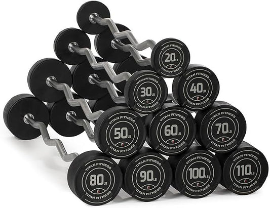 Titan Fitness Rubber Curl Fixed Barbells, Pre-Loaded Weight Bar for Strength Training & Weightlifting