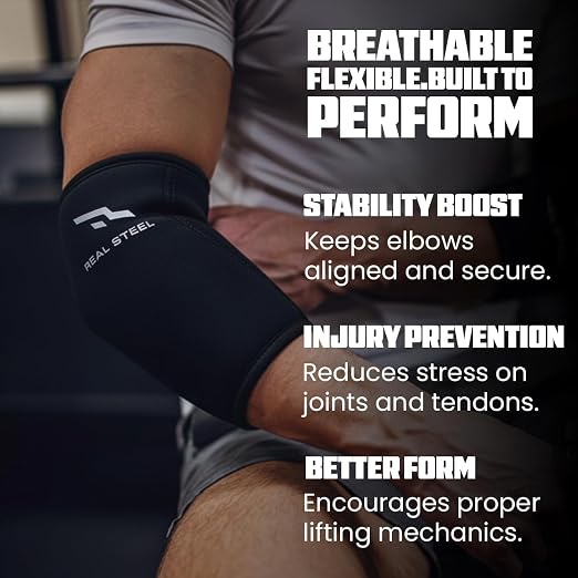 Real Steel Neoprene Elbow Sleeve (1 Pair) - 5mm Compression Support for Weightlifting, Bench, Powerlifting - Elbow Compression Sleeve for Men & Women - Premium Lifting Support for Elbows - X-Large