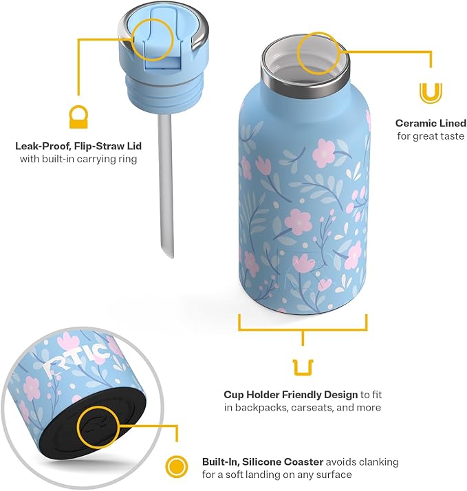 RTIC Little Journey Water Bottle with Straw, Ceramic-Lined, Insulated, Stainless Steel, Metal, Double Wall Vacuum-Insulation, Leak-Proof Lid, BPA-Free Water Flask for Sports, Travel, Blooming Blues