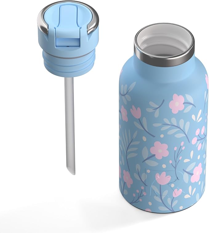 RTIC Little Journey Water Bottle with Straw, Ceramic-Lined, Insulated, Stainless Steel, Metal, Double Wall Vacuum-Insulation, Leak-Proof Lid, BPA-Free Water Flask for Sports, Travel, Blooming Blues