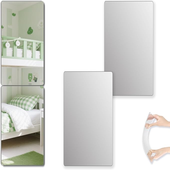 Shatterproof Peel And Stick on Mirror Tiles for Wall Decorative, 2 pcs 24.2”x14.2” Unbreakable Small Mirrors For Wall Classroom Decor, Toddlers Mirror for Kids Bedroom, Plastic Door Adhesive Mirrors