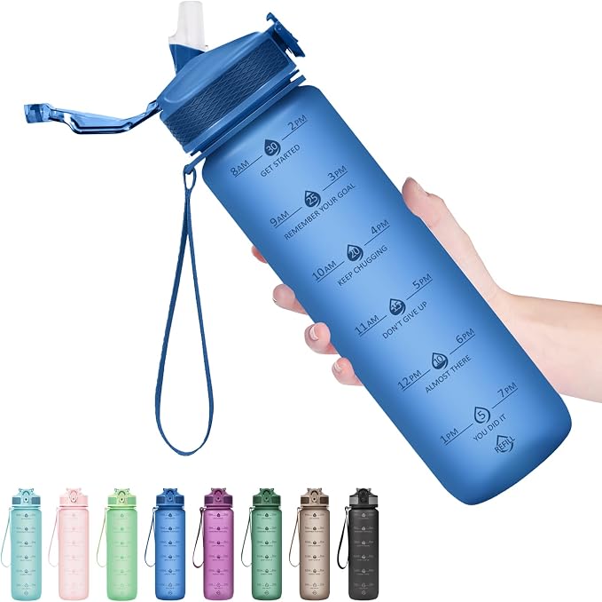 Hyeta Plastic Water Bottle With Straw & Time Marker, 32oz Leakproof Jug | Motivational Tritan BPA Free Gym Office Outdoor Intake Tracker Hourly Reminder Straw Lid Lightweight
