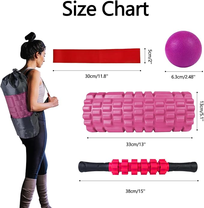 5 in 1 Foam Roller Set High Density Patented Foam Roller for Exercise | Foam Roller Massage Stick, Massage Ball, Resistance Band for Deep Muscle Massage Pilates Yoga Trigger Point Release Pink