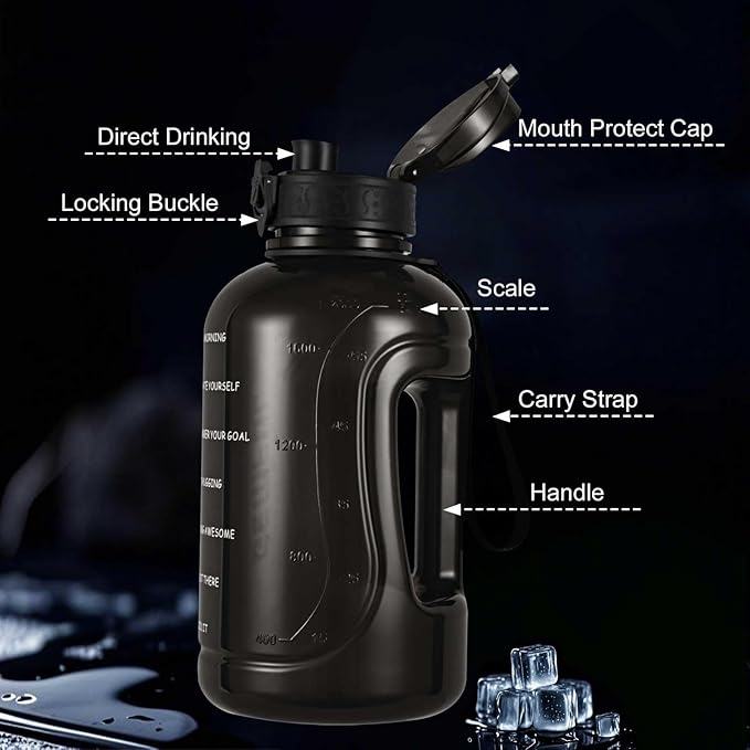 GEMFUL 2 Liter Water Bottle with Time Marker & Handle for Workout (Black) | BPA-Free, Leak-proof, 64oz Capacity, Tracks Daily Intake,Strawless, Chug Lid, for Gym, Fitness, Hiking, Sport, Camping