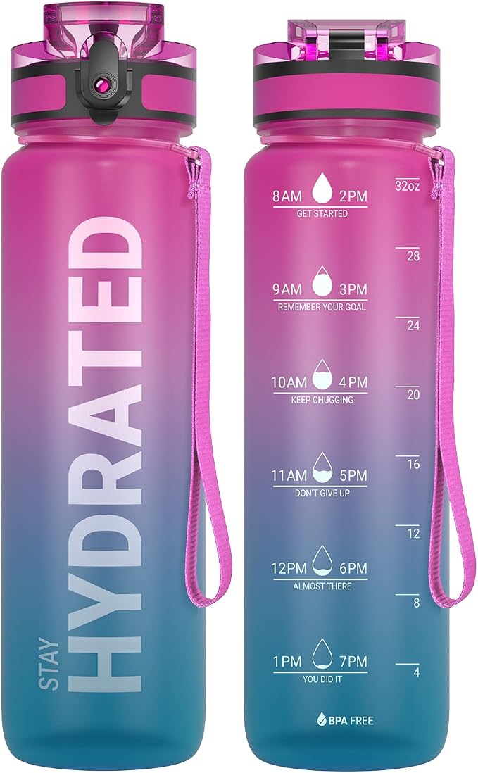 Sahara Sailor Water Bottle 32oz, Tritan Sports Bottle with Time Marker | Bpa Free, Leakproof Wide Mouth With Fast Flow Lid And Cleaning Brush, For Gym School Office Travel, 1 Count
