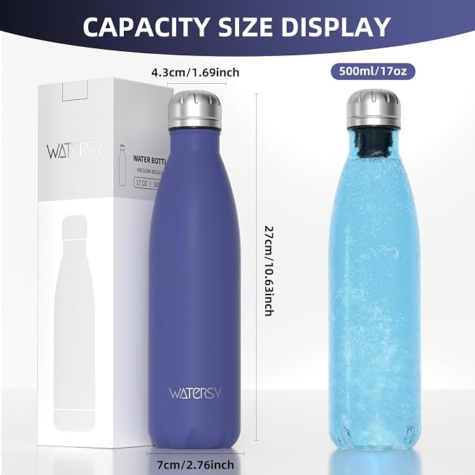 WATERSY Stainless Steel water bottle,17oz Insulated Water Bottles | Deep Blue metal water bottle Keeps Drink Cold and Hot,BPA Free kids water bottles for School,Gym,Travel,Sports