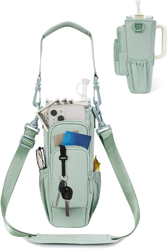 sportsnew 30/40oz Crossbody Water Bottle Holder Anti-Tip Tumbler Carrier | Lightweight Bottle Sling Fits Handled Tumbler w/ Phone Pocket, Adjustable Strap, Insulated Lining, Hands-free for Hiking Gym