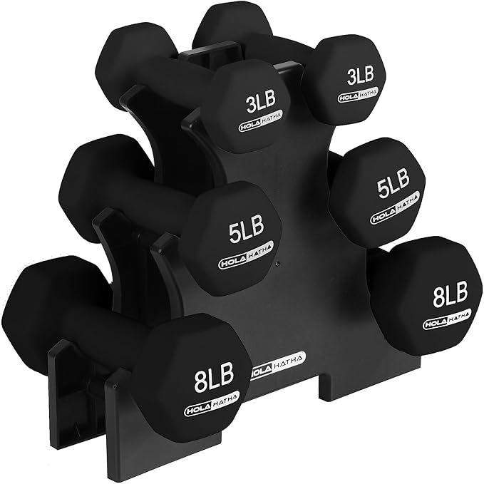 HolaHatha 1, 2 and 3 lb Neoprene Dumbbell Strength Training Weight Set with Rack