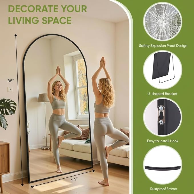 Full Length Mirror 88" L x 44" Full Body Standing Mirror for Bedroom, Living Room, Gym, Dorm - Shatter-Resistant & Easy Assembly, Arched Style Black