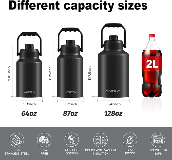WATERSY 1 Gallon Water Bottle Insulated(Cold for 48 Hrs),BPA Free&Leak Proof,128oz Stainless Steel Water Jug with Handle for Gym,Hiking,Camping&Travel,Black Large Thermo