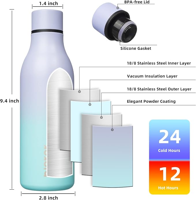 BJPKPK 18oz Insulated Water Bottle, Stainless Steel Bottle with Carry Strap | Keep Cold & Hot Vacuum Insulation, Leak-Proof BPA-Free Design, Slim Bottle Fits Most Cup Holders for Gym, Office & Travel