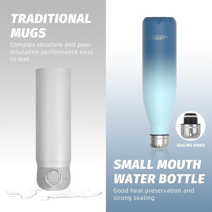 WATERSY Stainless Steel water bottles,17oz/500ml Insulated Water Bottle | Ocean Blue metal water bottle Keeps Drink Cold and Hot,BPA Free kids water bottles for School,Gym,Travel,Sports