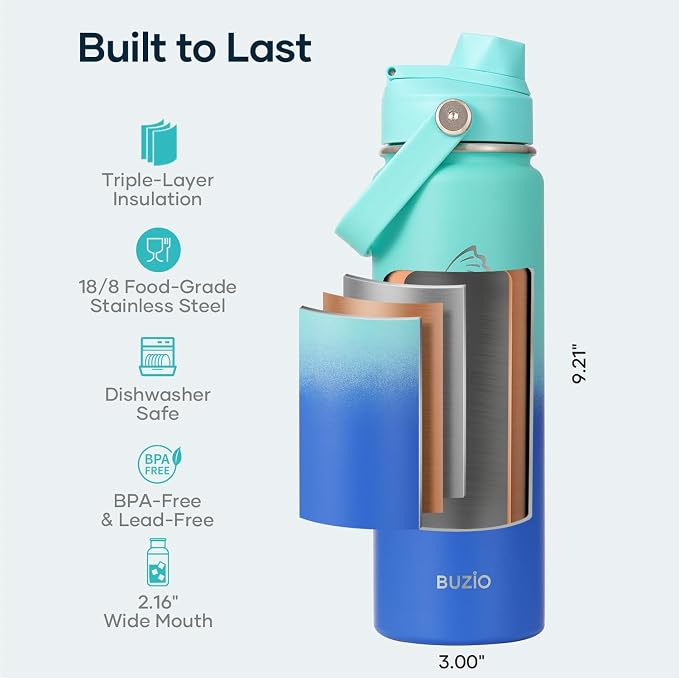 BUZIO 24 oz Insulated Stainless Steel Water Bottle with Straw & Spout Lids | Triple Wall Insulated Tumbler (Dishwasher Safe) ,Cold for 48 Hrs, Wide Mouth, Leakproof, BPA-Free, for Sports, Gym, School