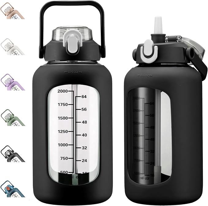 84oz Glass Water Bottle with Straw, 2.5 Liter Large Water Bottle with Silicone Sleeve and OZ Marker, Wide Mouth Gallon Glass Bottle with 2-in-1 Lid, Leakproof Water Jug for Gym Home, Black