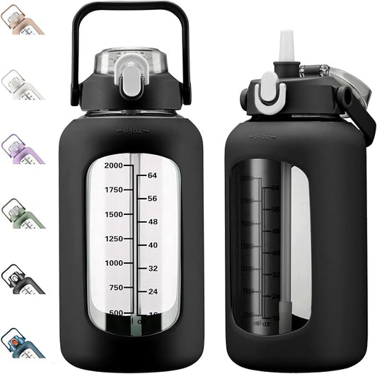 84oz Glass Water Bottle with Straw, 2.5 Liter Large Water Bottle with Silicone Sleeve and OZ Marker, Wide Mouth Gallon Glass Bottle with 2-in-1 Lid, Leakproof Water Jug for Gym Home, Black