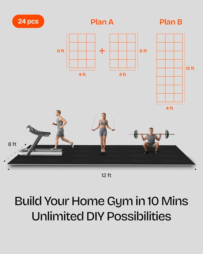 0.56" Thick 96 Sq Ft Rubber Top Gym Flooring Mats for Home Gym | Dual-layer Rubber & HD EVA, NO Warping, 24 Tiles, Supports Heavy Weight, Noise Reduction, Ideal For Crossfit & Dumbbells