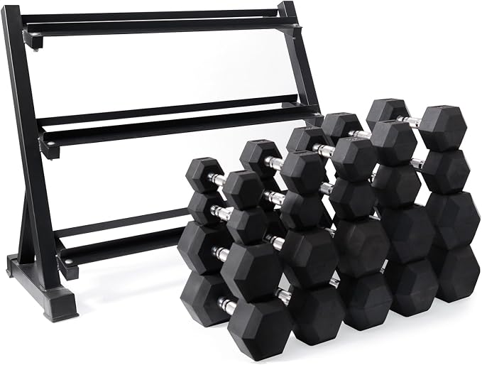 RitFit Rubber Coated Hex Dumbbell Weights Set for Home Gym | Cast Iron Core, Anti-Slip Knurled Chrome Handle, Hexagon Anti-Roll, Heavy-Duty Dumbbell Set for Strength Training