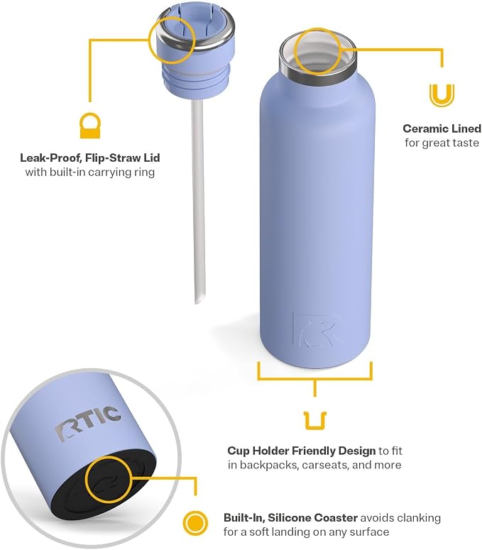 RTIC 20oz Journey Bottle Metal Stainless Steel Vacuum Insulated, BPA Free, Reusable, for Water, Hot and Cold Drinks, Travel, Sports, Camping, Periwinkle