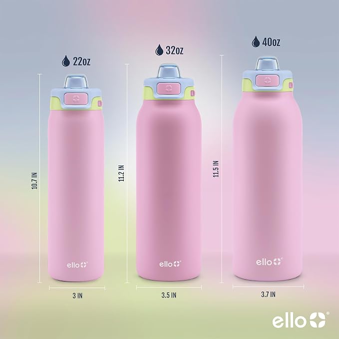 Ello Pop & Fill Insulated Stainless Steel Water Bottle with Quick Fill Lid, Leakproof Locking, Sip or Chug Spout, BPA-Free, Double Wall Vacuum Insulated for Sports, Travel & School- 22oz / 32oz / 40oz