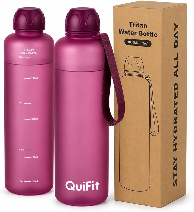 Slim Water Bottle 32 OZ with Stainless Steel Lid, Dishwasher Safe 1 Liter Plastic Water Bottle BPA-Free, Leakproof Lightweight with Time Marker, Reusable for Running School Sport Gym Travel Hiking