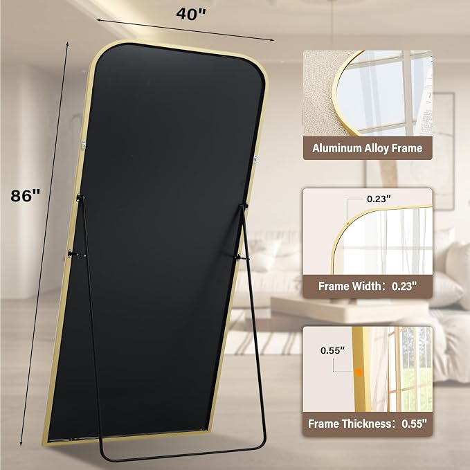 XRAMFY Full Length Mirror - Large Floor Standing & Wall Mountable Full Body Mirror with Sturdy Aluminum Frame, Arched Top Design, Freestanding or Hanging for Bedroom, Living Room, Cloakroom,Gold