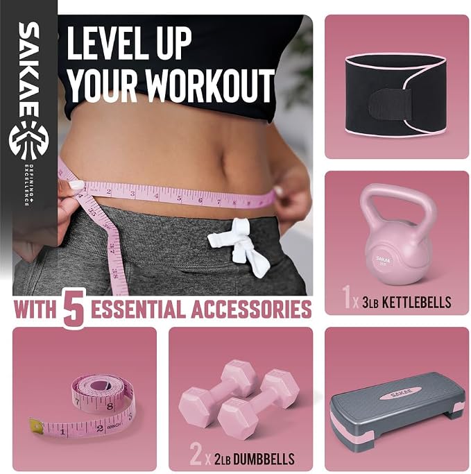 Adjustable Height Aerobic Stepper Set, Multiple Bundle Options with Dumbbells, Kettlebell, Waist Trimmer, Ankle Weights or Weighted Vest, Workout Exercise Step Platform w/Level Risers, 4 Colors
