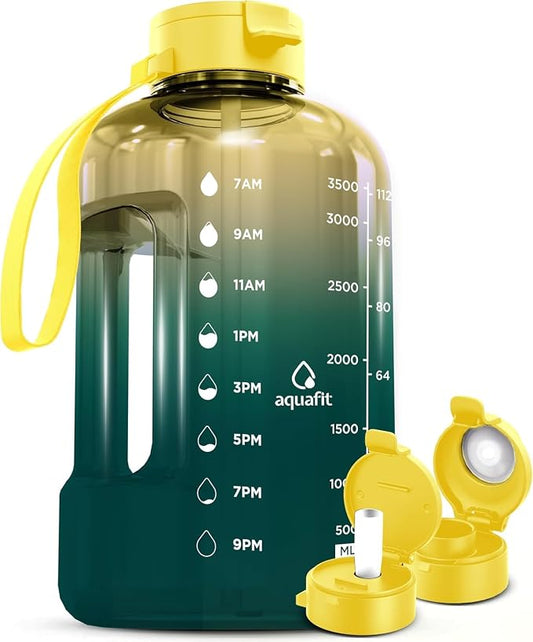 AQUAFIT 1 Gallon Water Bottle with Time Marker | BPA Free 128 oz Water Bottle with Straw and Chug Lids - Leakproof Gym Water Bottle with Carry Handle (Forest Fade)
