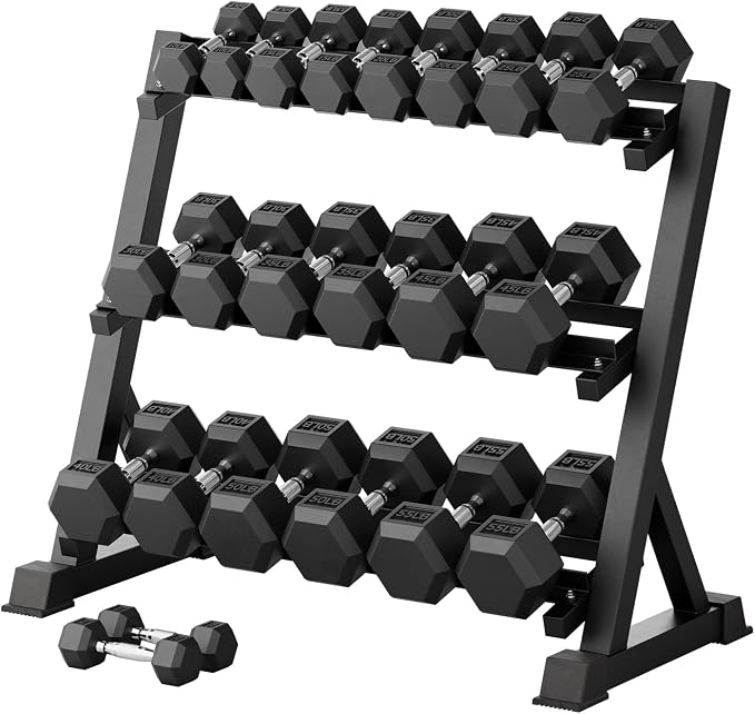 RitFit Rubber Hex Dumbbell Set with Storage Weight Rack | Rubber Heavy-Duty Coated Cast Iron, Knurled Chrome Handle, Space-Saving Storage for Home Gym Strength Training