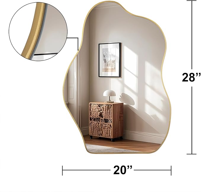 BOMINICA Irregular Wall Mirror Asymmetrical Mirror, Decorative Wall Mirror Golden Wood Framed, Wall Mounted Mirror for Bathroom Living Room Entryway Bedroom Hallway (Gold, 20" x 28")