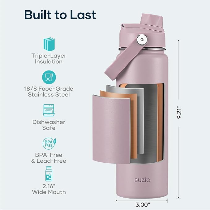 BUZIO 24 oz Insulated Stainless Steel Water Bottle with Straw & Spout Lids | Triple Wall Insulated Tumbler (Dishwasher Safe) ,Cold for 48 Hrs, Wide Mouth, Leakproof, BPA-free, for Sports, Gym, School