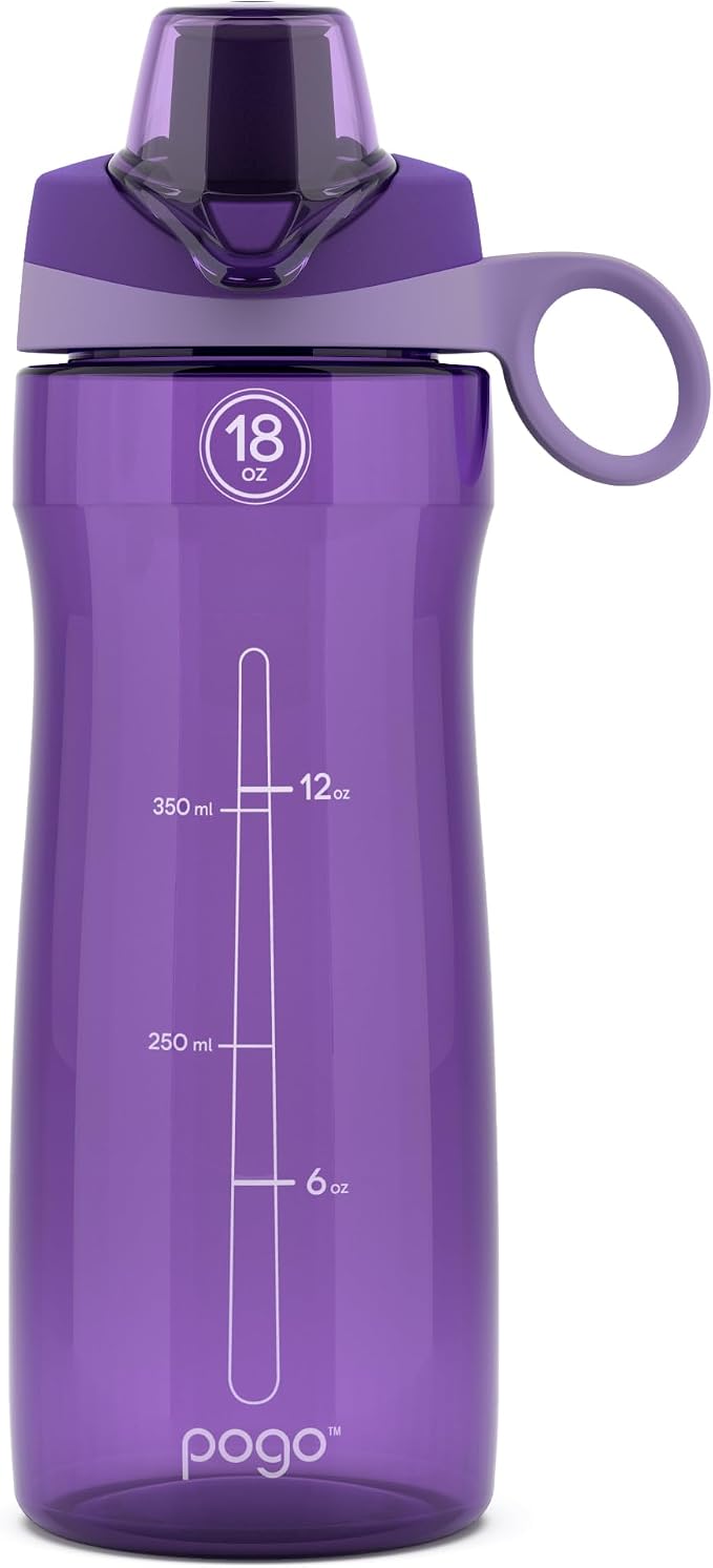 Pogo BPA-Free Plastic Water Bottle with Chug Lid, 18 Oz, Purple | Leakproof water bottle with chug lid and carry handle. BPA-free, great for travel, school, outdoors, and gym.