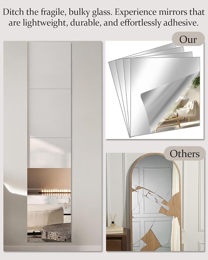 12Pack Acrylic Flexible Mirror Sheets, 12x16 Inch Shatterproof Flexible Stick on Mirrors for Wall Self-Adhesive Sticker for Bedroom, Door, Bathroom, and Dance Studio Installation