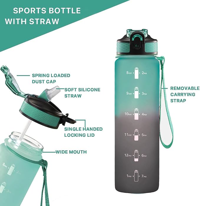 EYQ 32oz Water Bottle with Straw, Time Marker, Blue Purple | Blue Purple Tritan, BPA Free, Time Marker, Leakproof Lock Lid, Wide Mouth, for Gym, School, Office and Travel