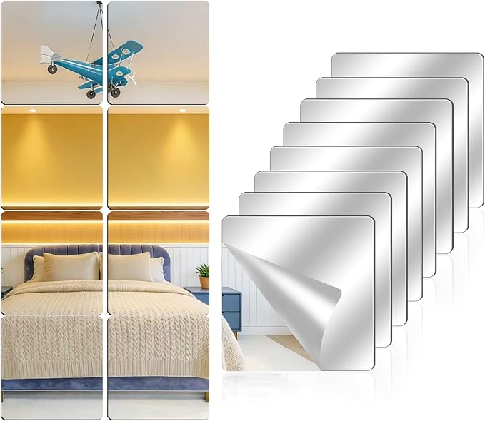 8 Pack Acrylic Mirrors for Wall,10×10 Inch Self Adhesive Frameless Small Mirror Tiles, Flexible Plastic Mirror Sheets for Bedroom Home Gym Door (8Pcs 10×10inch)