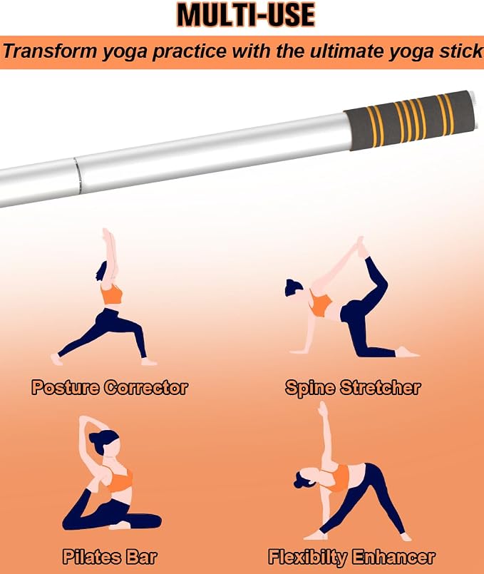 Queension 5ft Yoga Stick Adjustable Stretching Bar for Mobility & Balance | Heavy-Duty Steel Multi-Functional Fitness Pole with 4 Steel Rods & Comfort Foam Grips