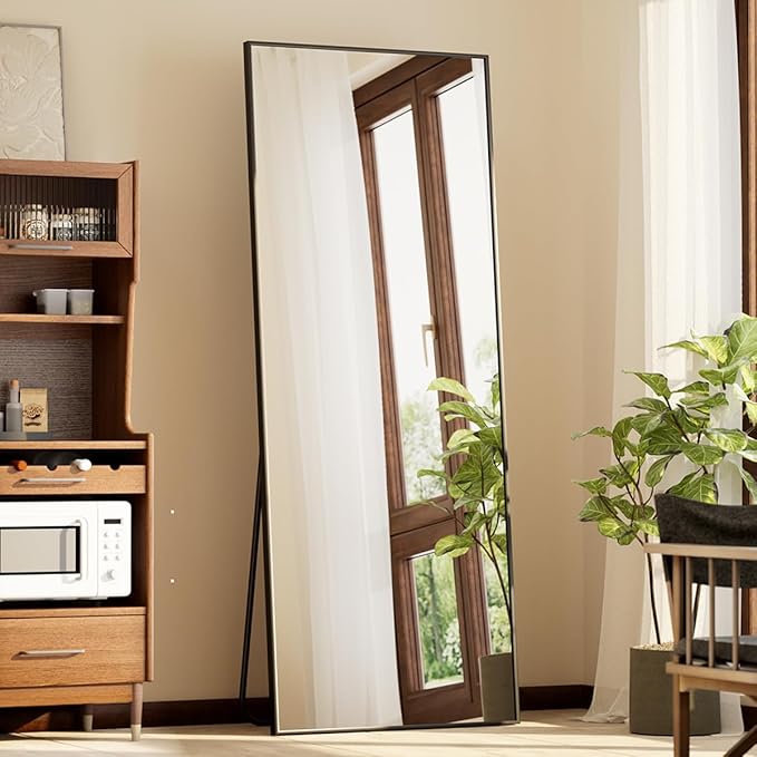 BEAUTYPEAK Full Length Mirror with Stand, 56"x21" Floor Mirror | ShatterVue Tempered Full Body Mirrors with Aluminum Alloy Thin Frame, Standing or Wall-Mounted Mirrors for Living Room, Black
