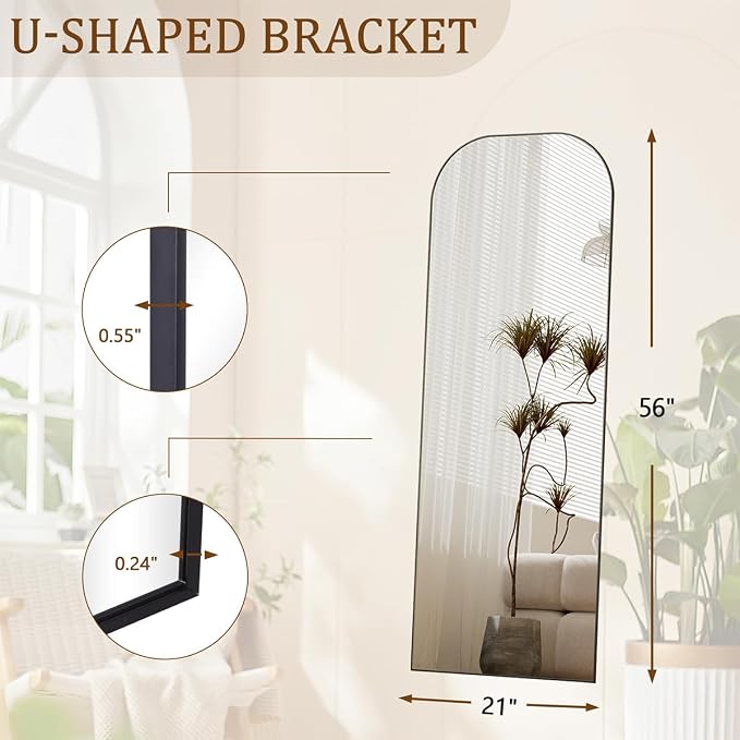 Koonmi Full Length Mirror, 56"x21" Mirror Full Length with Stand | Domed Top Square-Edged ShatterProof Floor Mirror with Black Aluminum Alloy Frame for Bedroom Living Room Home Gym
