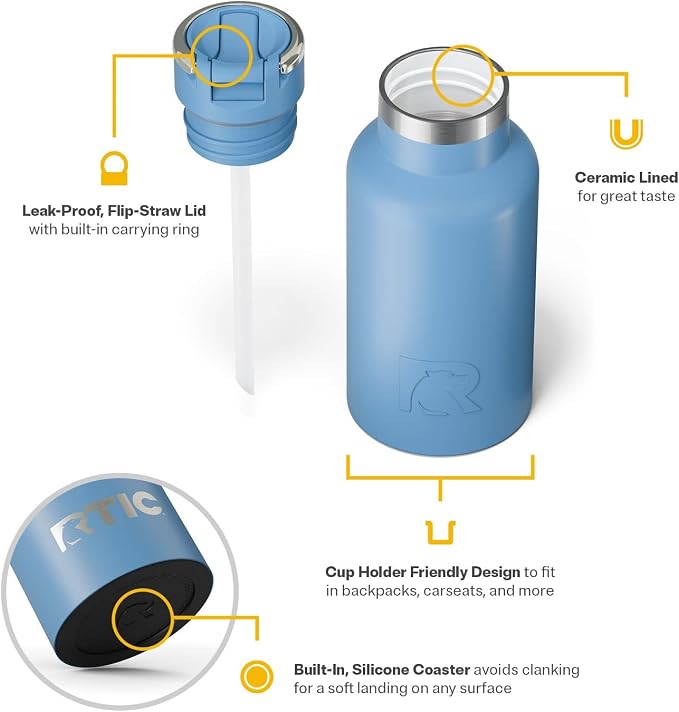 RTIC Little Journey Water Bottle with Straw, Ceramic-Lined, Insulated, Stainless Steel, Metal, Double Wall Vacuum-Insulation, Leak-Proof Lid, BPA-Free Water Flask for Sports, Travel, Denim