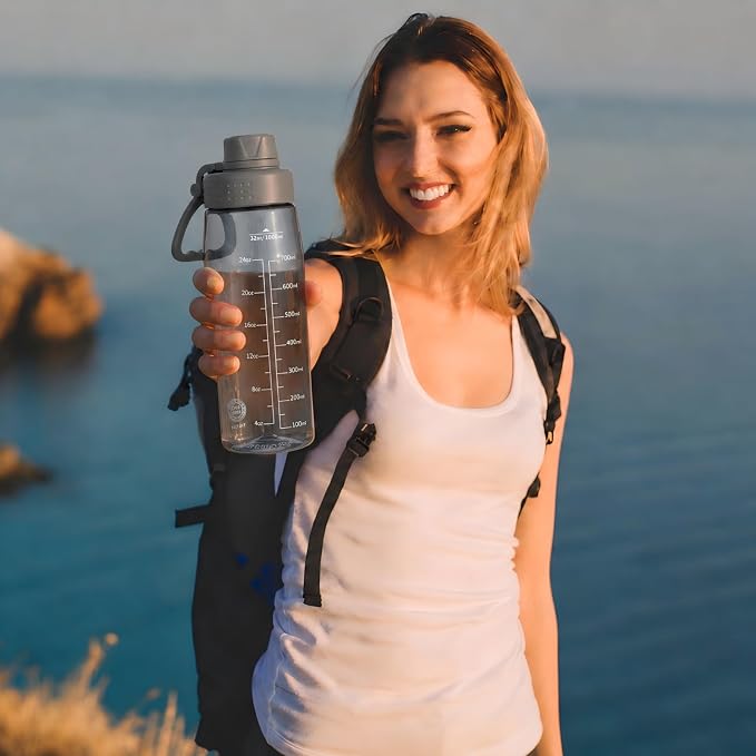 32oz Clear Water Bottle - BPA-Free Tritan Plastic, Fast Flow Spout Lid, Wide Mouth & Leakproof Design Hiking Water Bottle Suitable for Travel, Outdoors, Gym, Travel, Home, School (Gray)