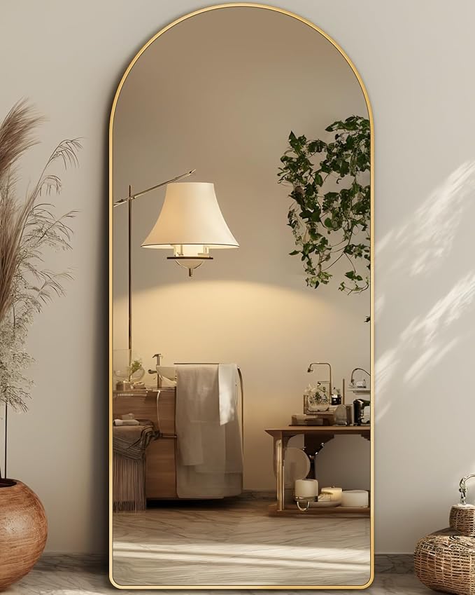 Antok Full Length Mirror, 71"x32" Floor Mirror with Stand, Hanging Mounted Mirrors for Bedroom, Living Room, Cloakroom, Dining Room, Gold, Arch