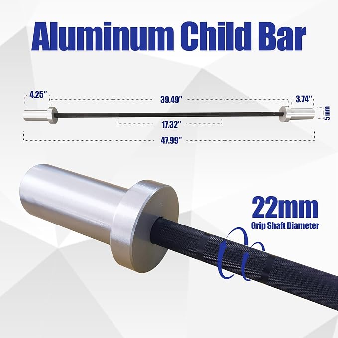 4FT 5LB Aluminum Kids Barbell, 70LB Capacity | Youth training bar with 22mm knurled grip, bearings, brass bushings, and 2-inch Olympic plate compatibility