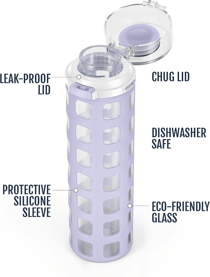 Ello Syndicate 20oz Glass Water Bottle with Flip Lid and Sleeve, Celeste | Glass water bottle for iced drinks with leakproof flip lid, silicone sleeve, carry loop, BPA-free, and dishwasher safe